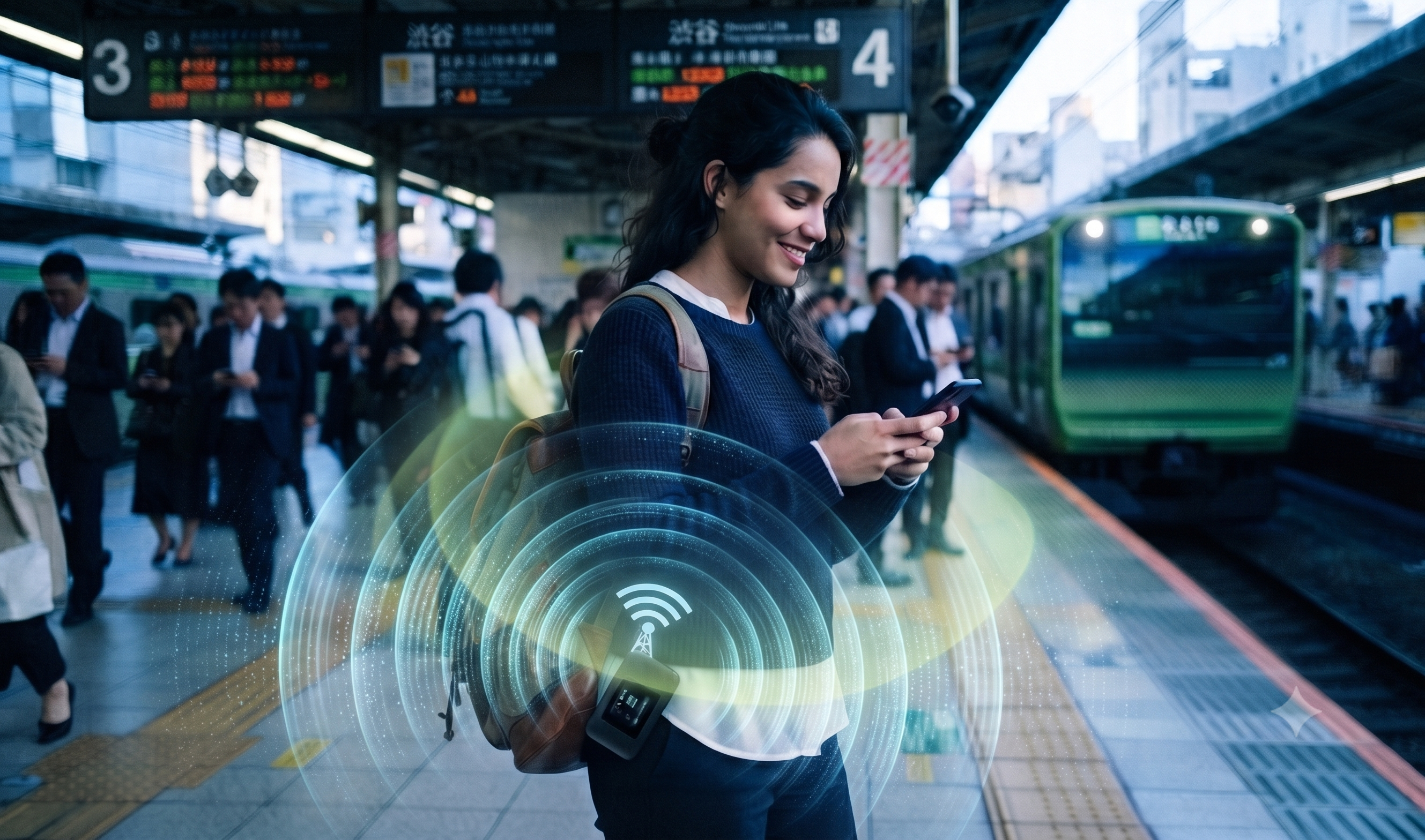 Pessoa usando o Pocket Wi-Fi no dia a dia no Japão