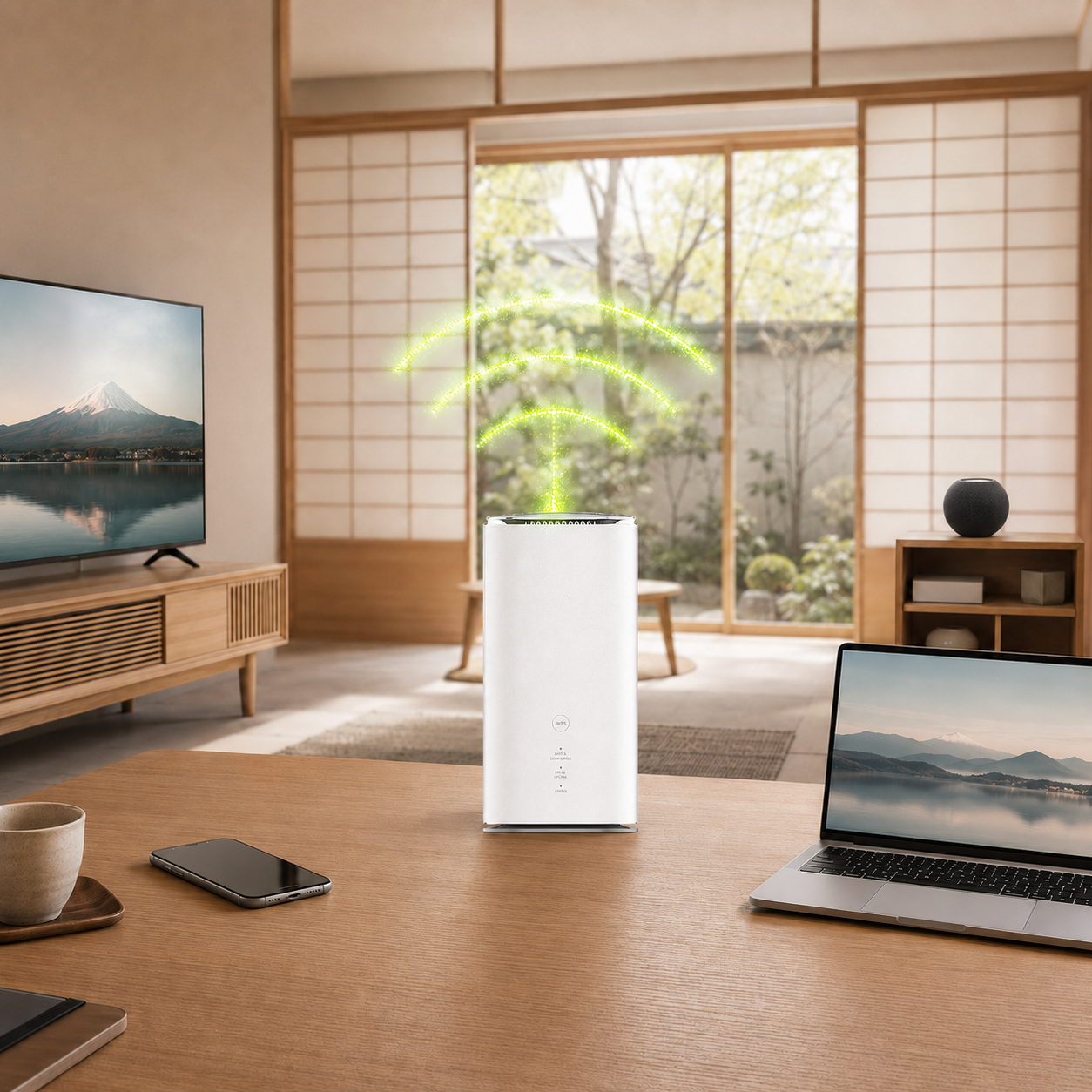 Torre Wi-Fi 5G em uso na sala de estar